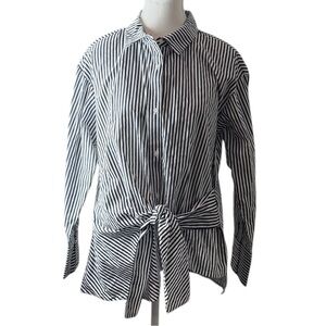 Kensie Jeans Black White‎ Stripe Tie Front Button Shirt Womens L Style EFB01485T